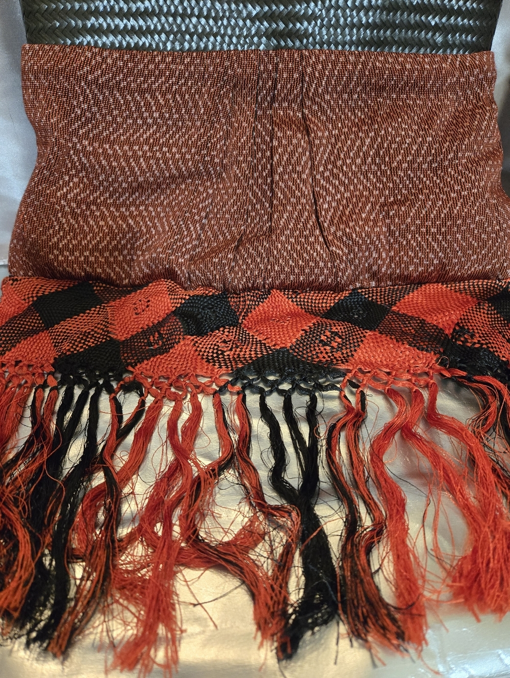 Black Woven Straw Bag With Red & Black Check Fringed Ends - Picture 5 of 10